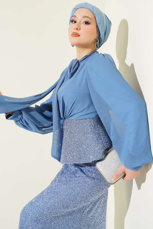 Parlak Pul Detaylı Abiye İkili Takım Mavi