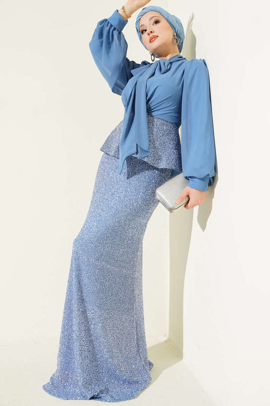 Parlak Pul Detaylı Abiye İkili Takım Mavi