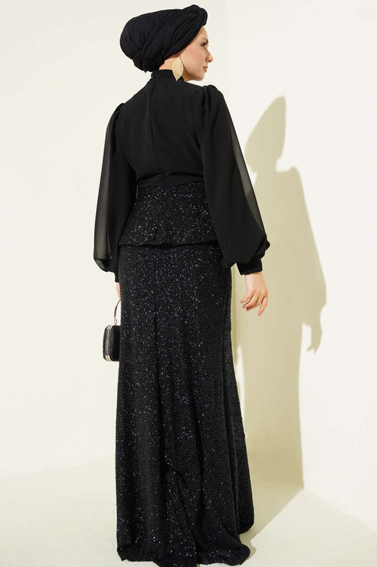 Parlak Pul Detaylı Abiye İkili Takım Siyah