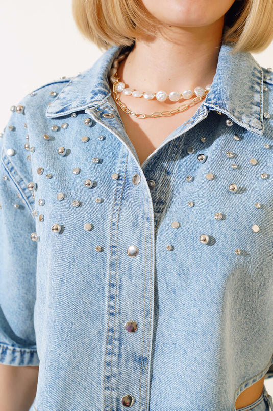 Parlak Taş Süslemeli Kısa Kot Ceket Mavi