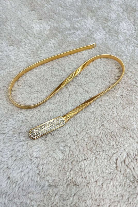 Italian Flat Belt Gold with Shiny Stone Buckle