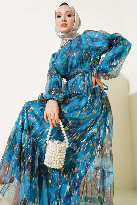 Parlak Tül Detaylı Elbise Petrol