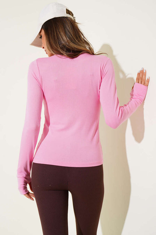 Roze basic blouse met vingersluiting