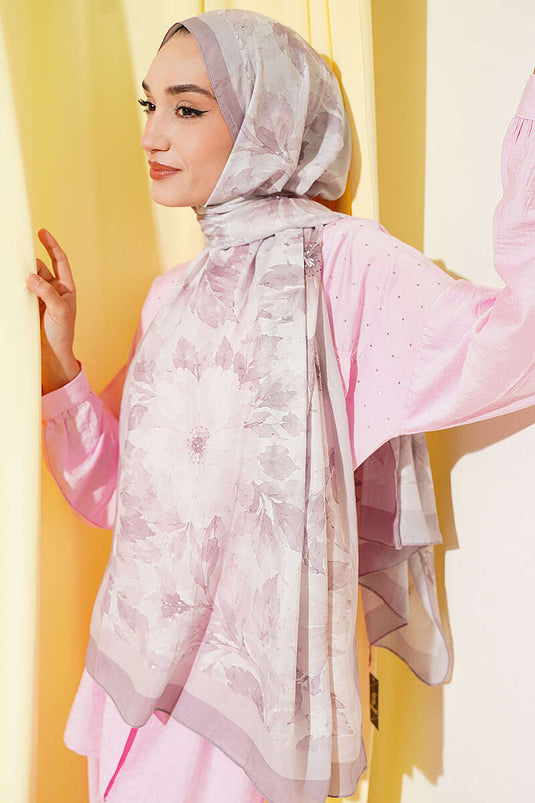 Pastel Çiçekli Bambu Kraş Şal Açık Vizon