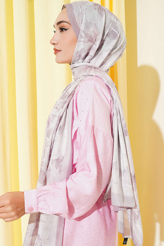Pastel Çiçekli Bambu Kraş Şal Açık Vizon