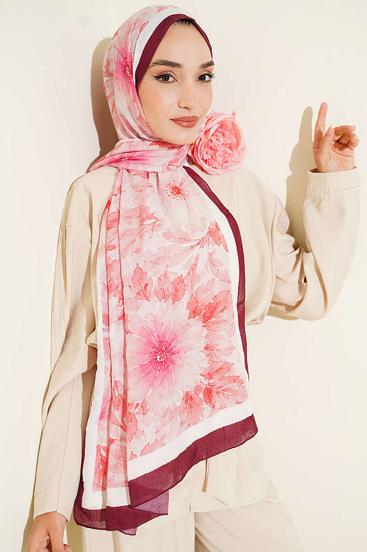 Pastel Çiçekli Bambu Kraş Şal Bordo