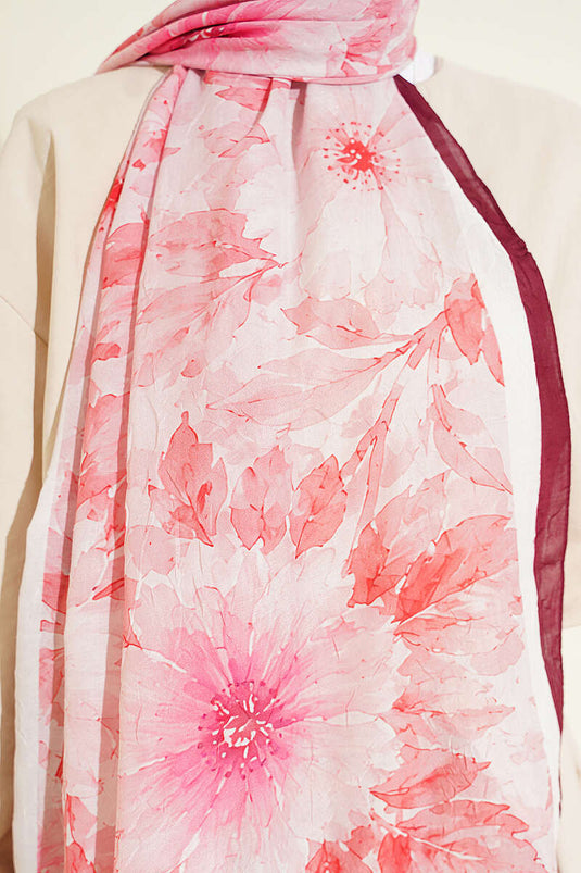 Pastel Çiçekli Bambu Kraş Şal Bordo