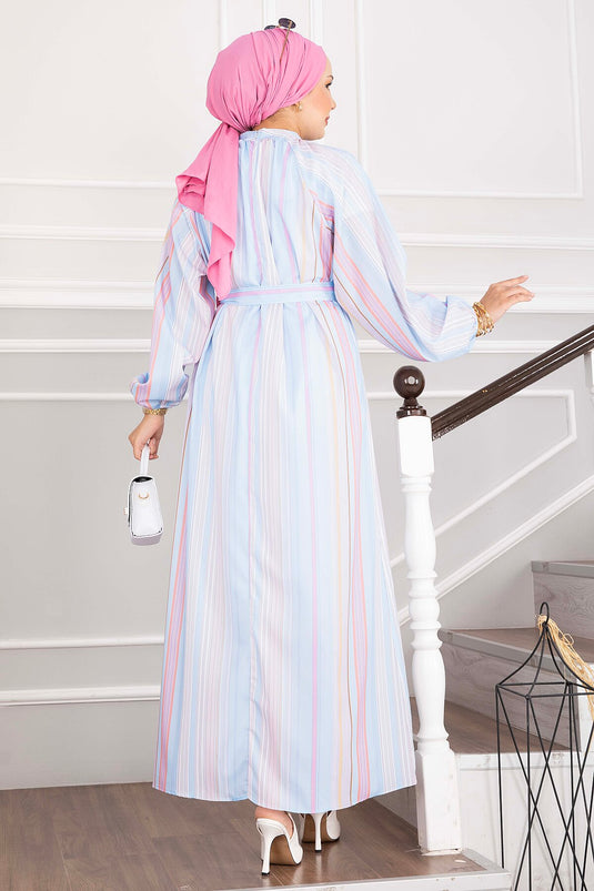Pastel Çizgili Kuşaklı Elbise Bebe Mavisi