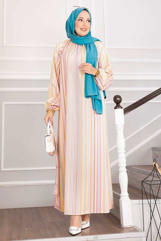 Robe Pastel Rayée Avec Ceinture Jaune