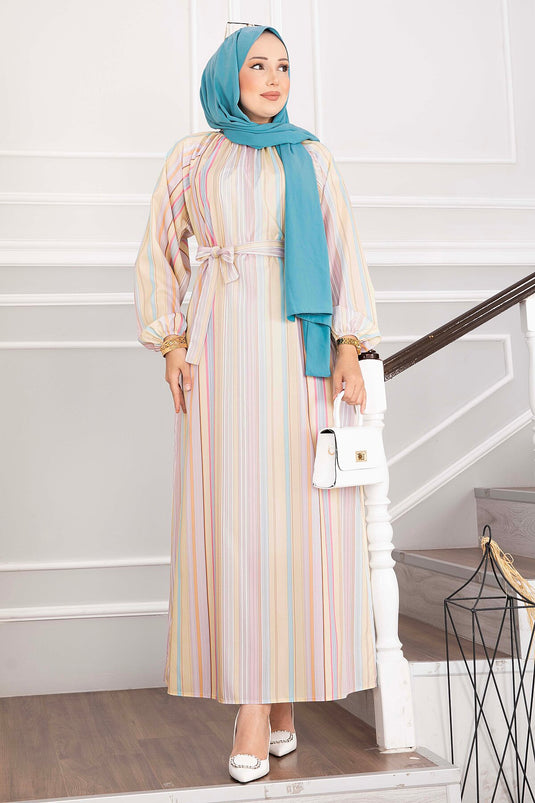 Robe Pastel Rayée Avec Ceinture Jaune