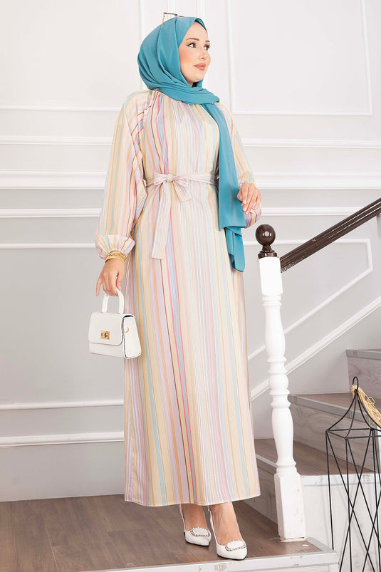 Robe Pastel Rayée Avec Ceinture Jaune