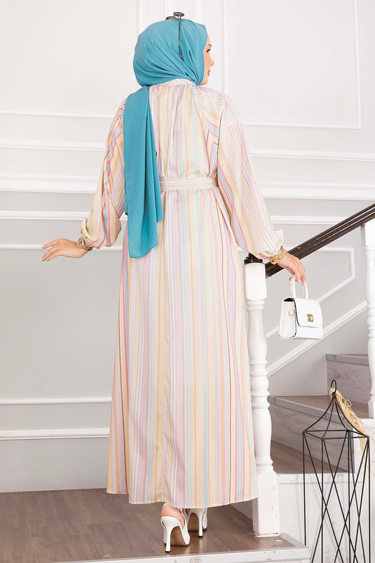 Robe Pastel Rayée Avec Ceinture Jaune