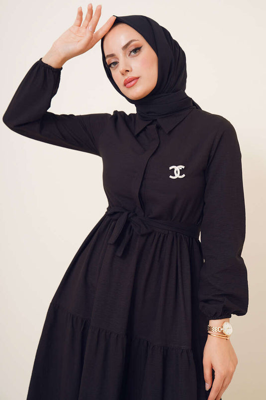 Robe Tericoton Tissée Avec Patte De Serrage Noir