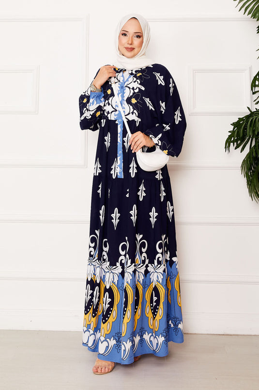 Half Buttoned Viscose Hijab Dress with Placket Navy Blue