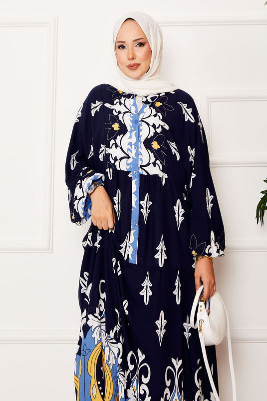 Half Buttoned Viscose Hijab Dress with Placket Navy Blue