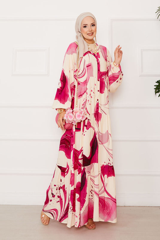 Abito hijab in viscosa con bottoni a metà rosa