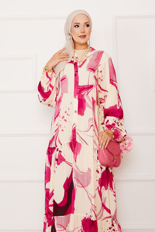 Abito hijab in viscosa con bottoni a metà rosa