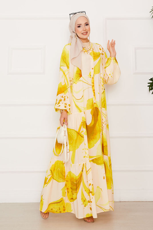 Abito hijab in viscosa con bottoni a metà giallo