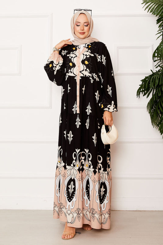 Half Buttoned Viscose Hijab Dress with Placket Black