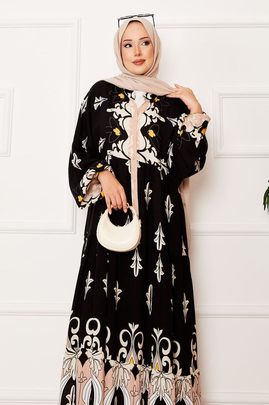 Half Buttoned Viscose Hijab Dress with Placket Black