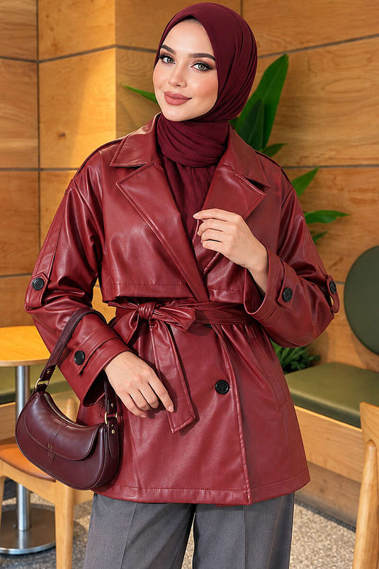 Bordeaux Leder Trenchcoat Mit Schulterklappen Und Cape