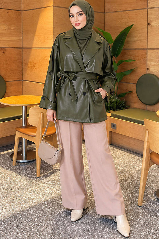 Leder Trenchcoat Mit Schulterklappen In Khaki