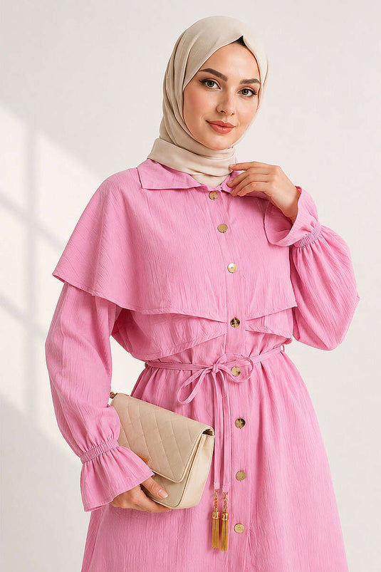 Pelerin Detaylı Düğmeli İki Takım Pembe