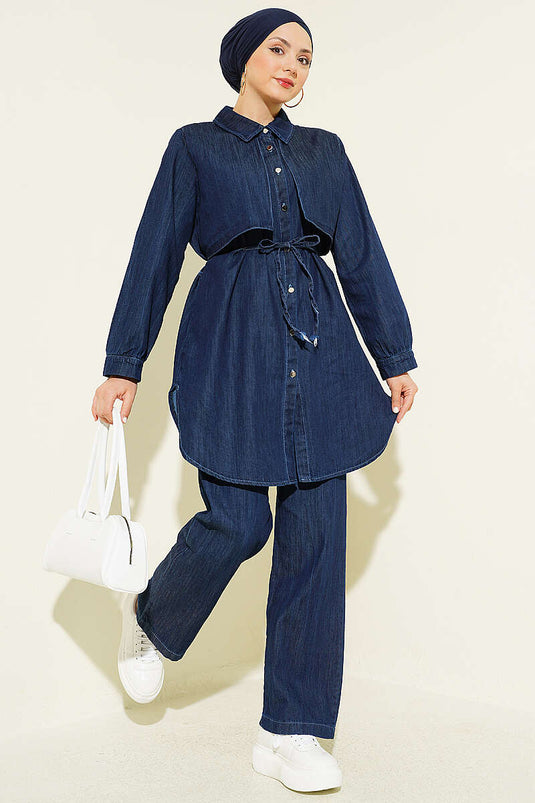 Tweedelig Set van Denim met Pelerinedetail in Marineblauw