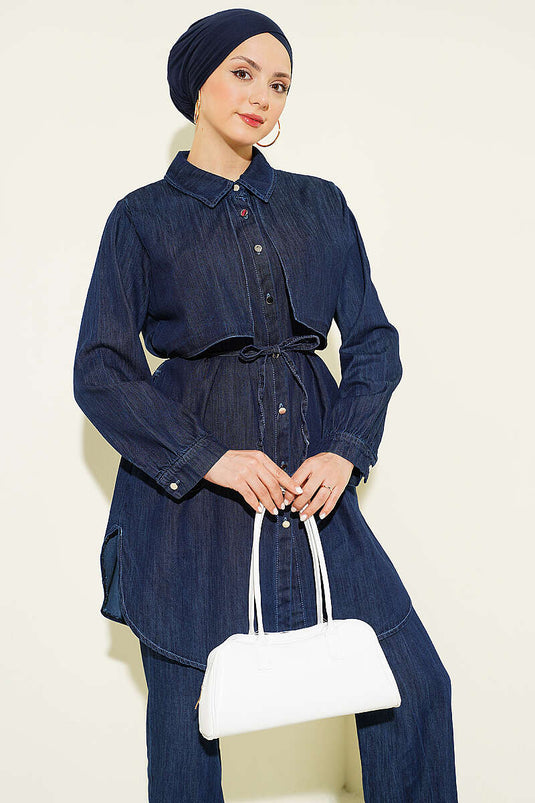 Tweedelig Set van Denim met Pelerinedetail in Marineblauw