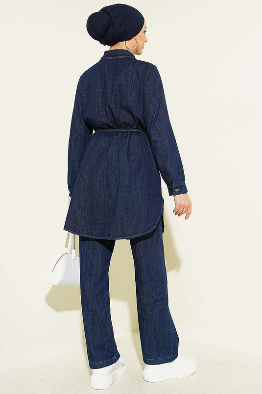 Tweedelig Set van Denim met Pelerinedetail in Marineblauw