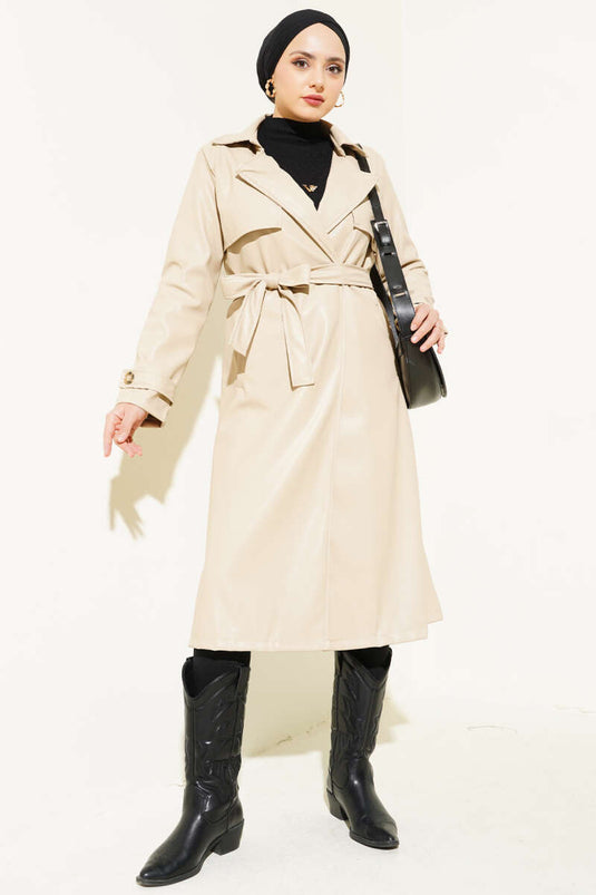 Beige Belted Leather Trench Coat with Hood