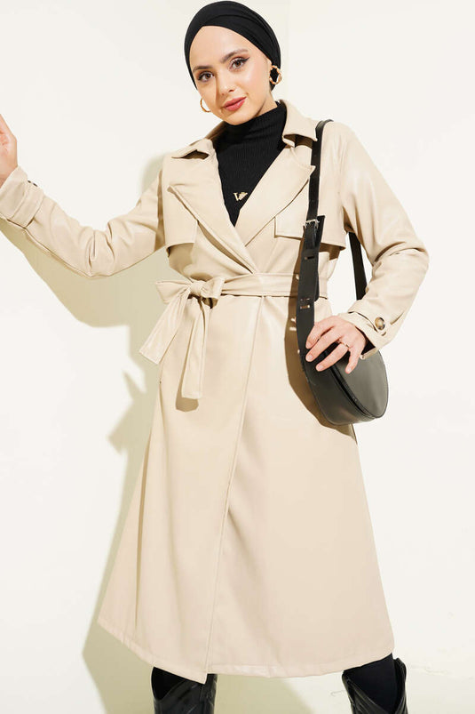 Beige Belted Leather Trench Coat with Hood