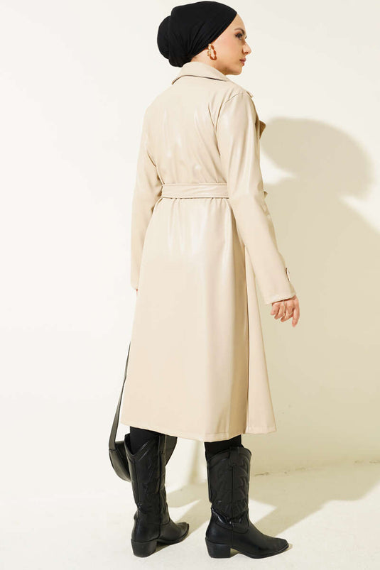 Beige Belted Leather Trench Coat with Hood