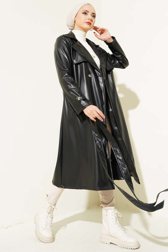 Trench-Coat En Cuir Ceinturé Avec Cape Noir