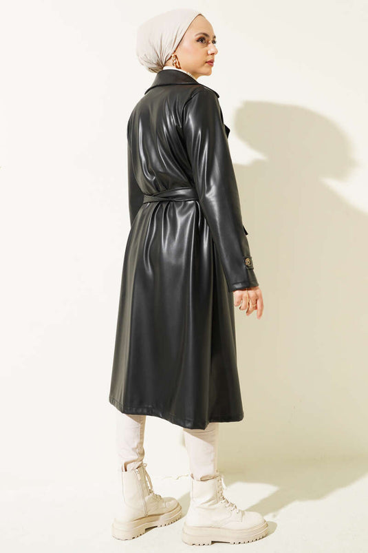 Trench-Coat En Cuir Ceinturé Avec Cape Noir