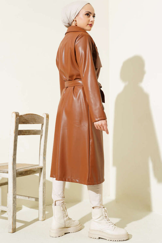 Detailed Cape Belted Leather Trench Coat Tan