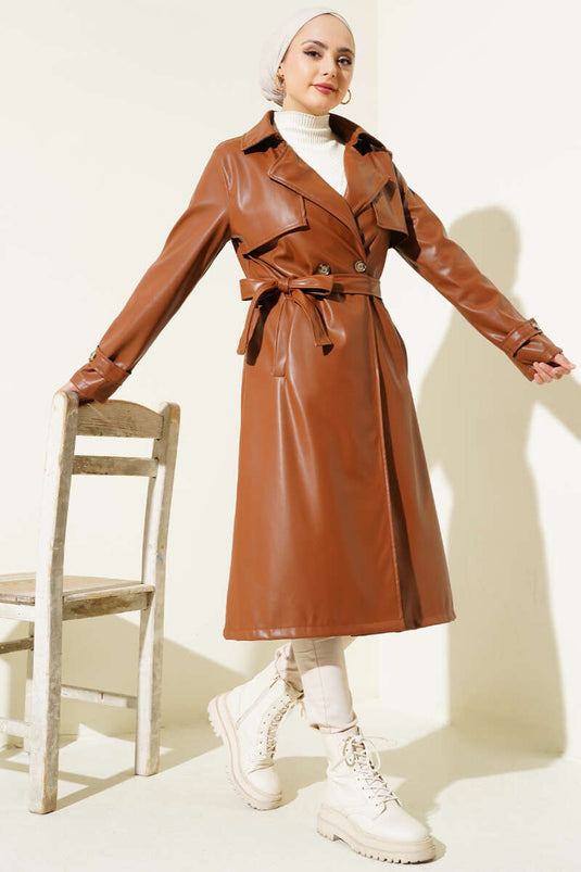 Detailed Cape Belted Leather Trench Coat Tan