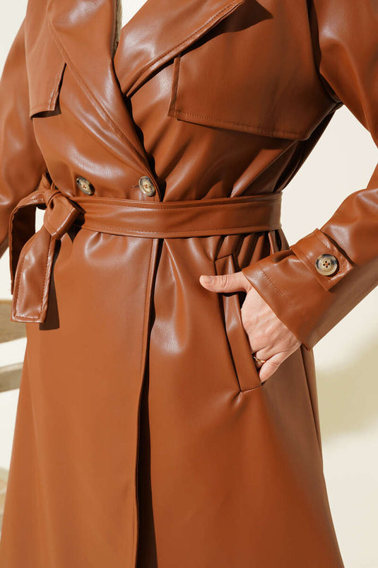 Detailed Cape Belted Leather Trench Coat Tan