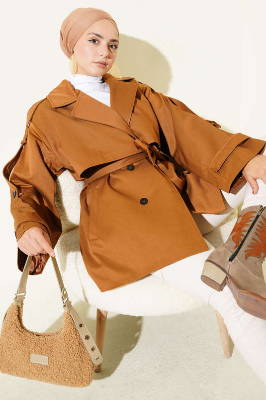 Short Trench Coat with Cape Detail and Belt in Camel