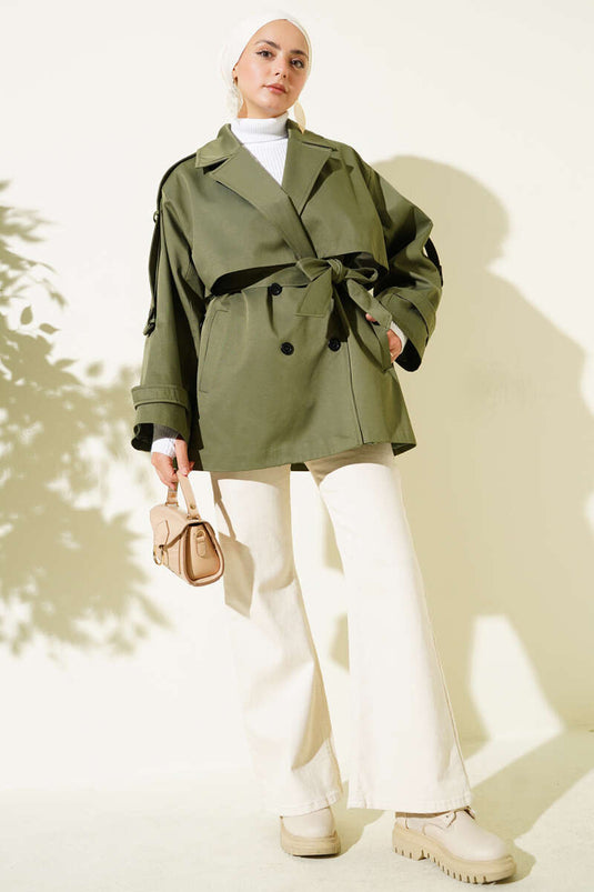 Cape-Detailed Belted Short Trench Coat Khaki