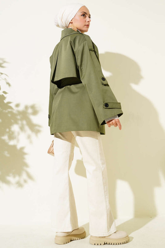 Cape-Detailed Belted Short Trench Coat Khaki