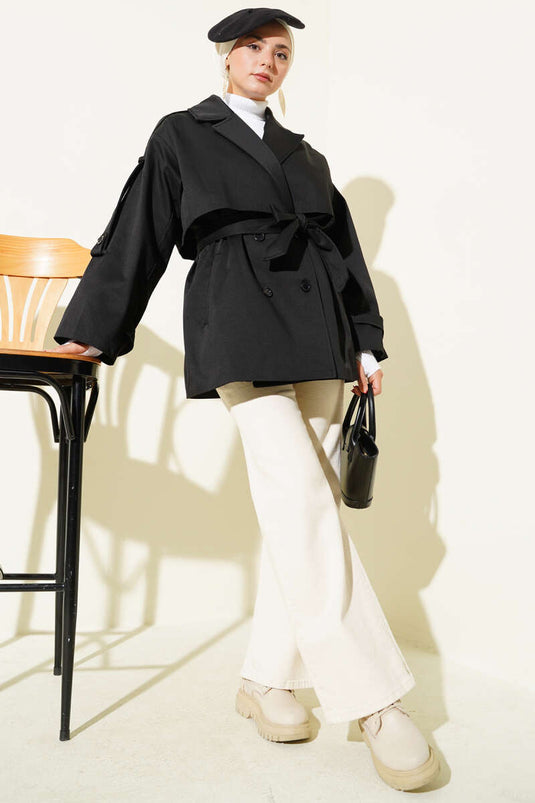Detailed Cape with Belt Short Trench Coat Black