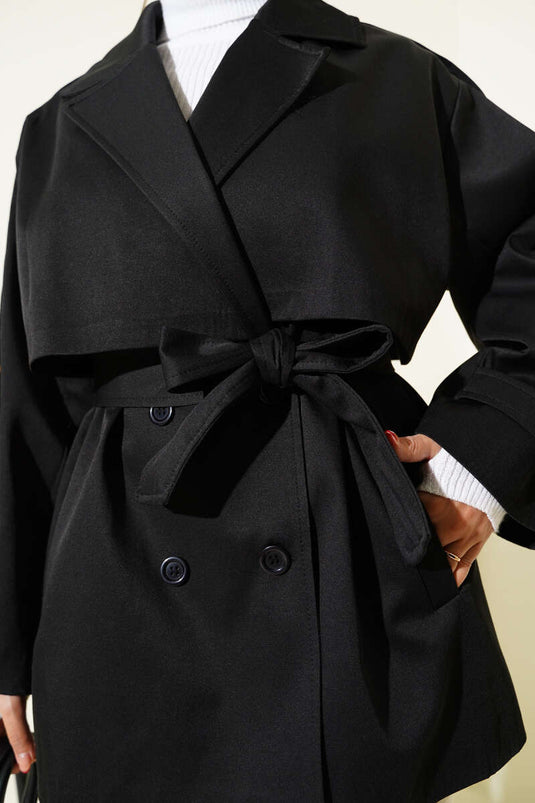 Detailed Cape with Belt Short Trench Coat Black