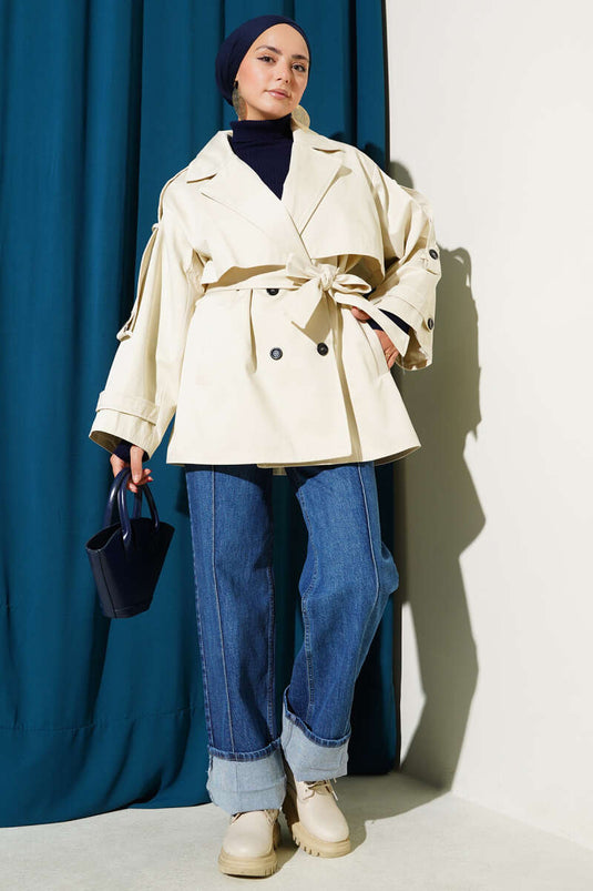 Trench-coat court avec cape et ceinture, couleur pierre