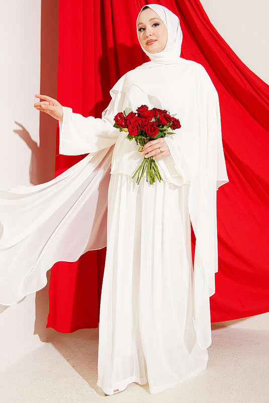 Ecru Doppelset Mit Chiffon-Cape Und Binde-Detail