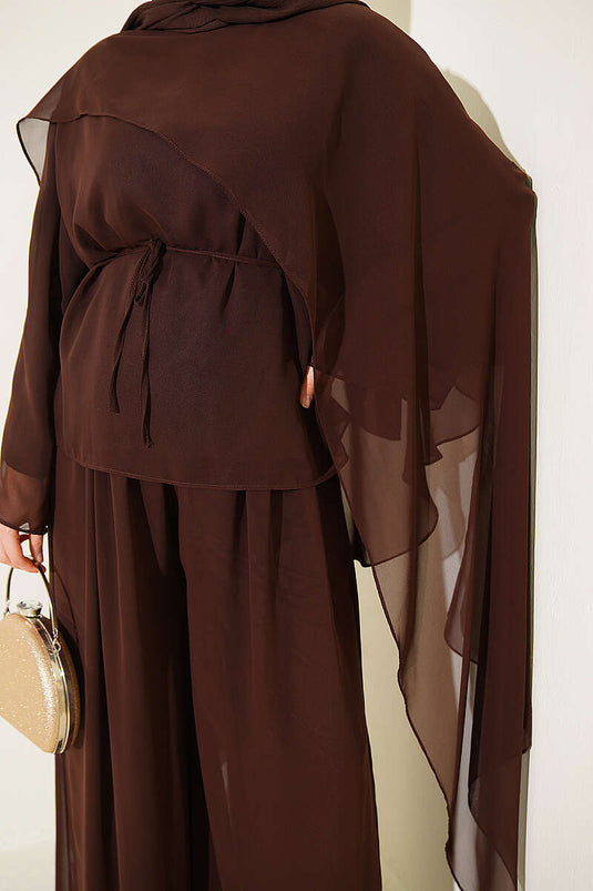 Coffee Chiffon Double Set With Pleated Cape And Tie Detail