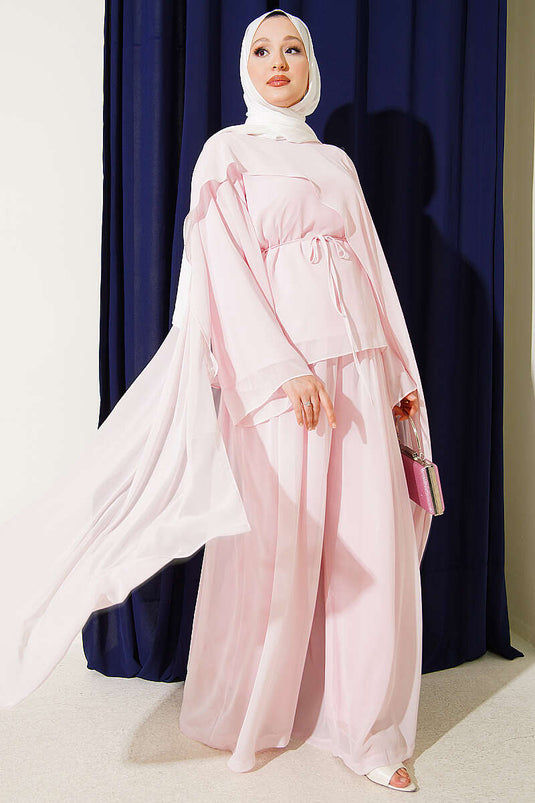 Pink Double Set With Chiffon Cape And Tie Detail