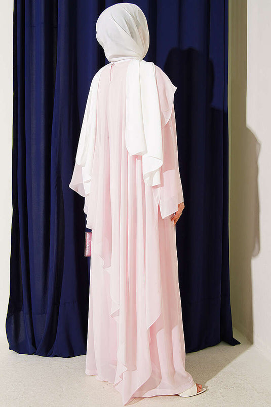 Pink Double Set With Chiffon Cape And Tie Detail
