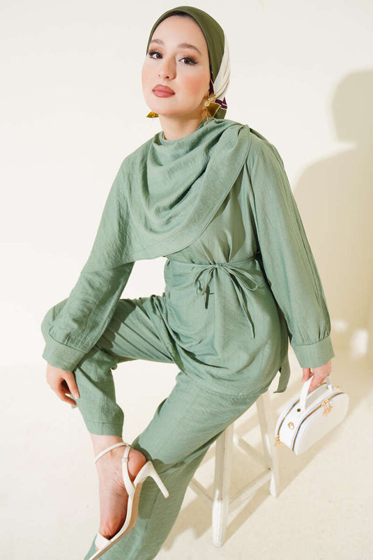 Pelerin Detaylı Tunik İkili Takım Çağla Yeşili
