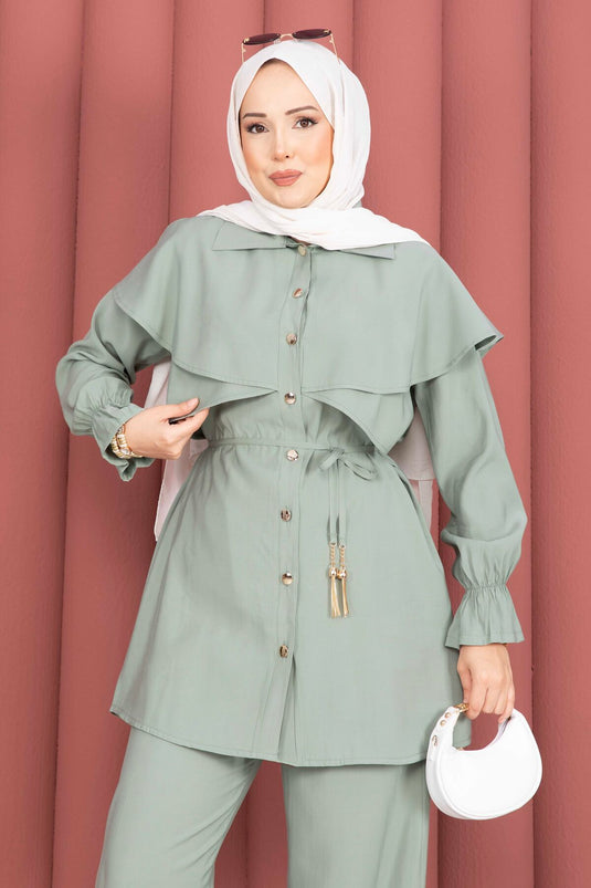 Ensemble tunique à boutons avec cape design et pantalon, couleur menthe